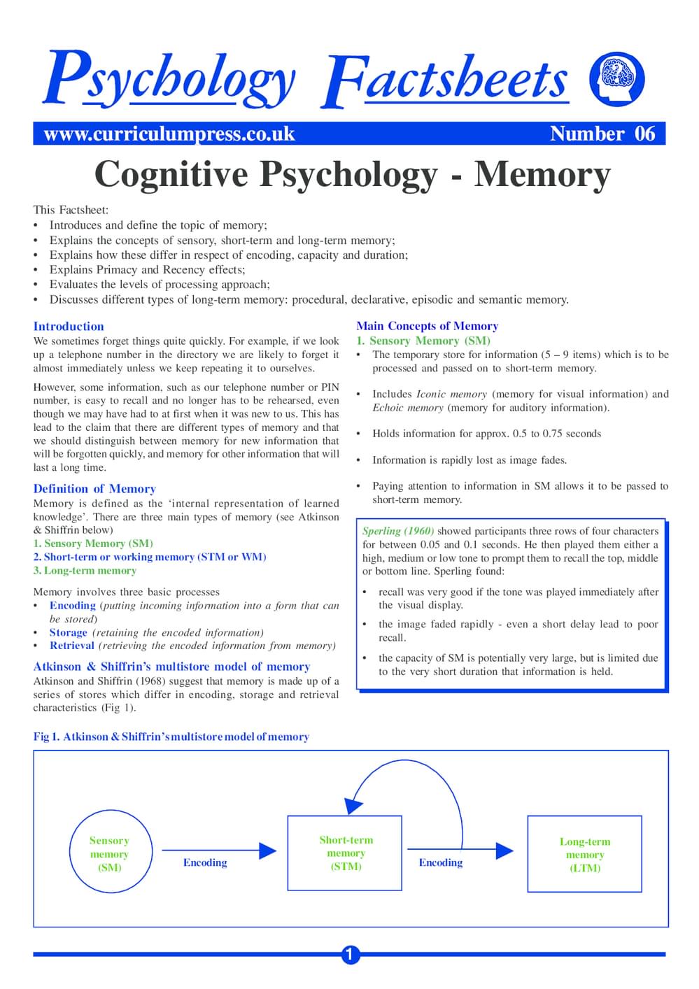Curriculum Press - Cognitive Psychology – Memory
