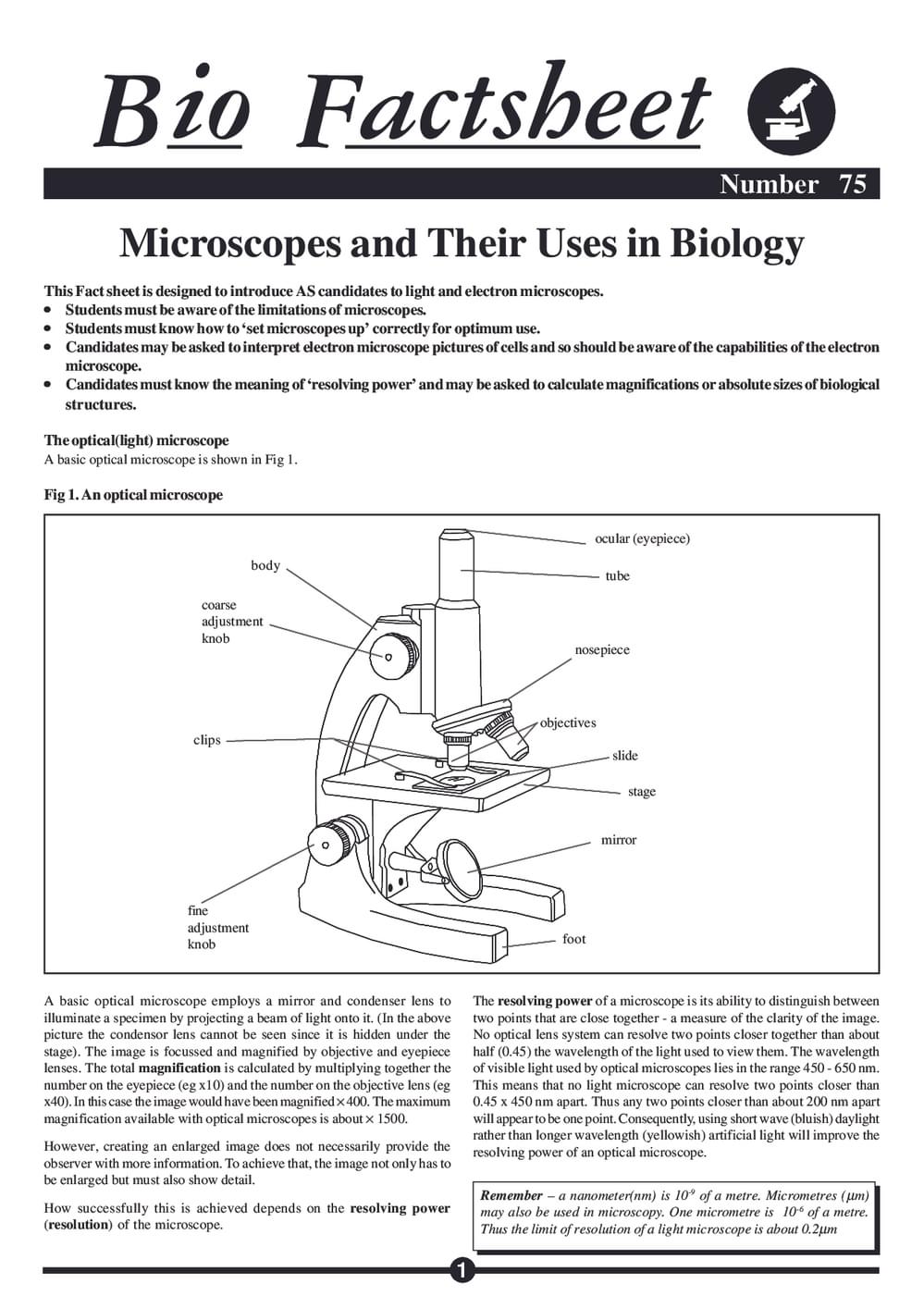 Microscope Useage Microscopes and Their Uses in Biology - Curriculum Press