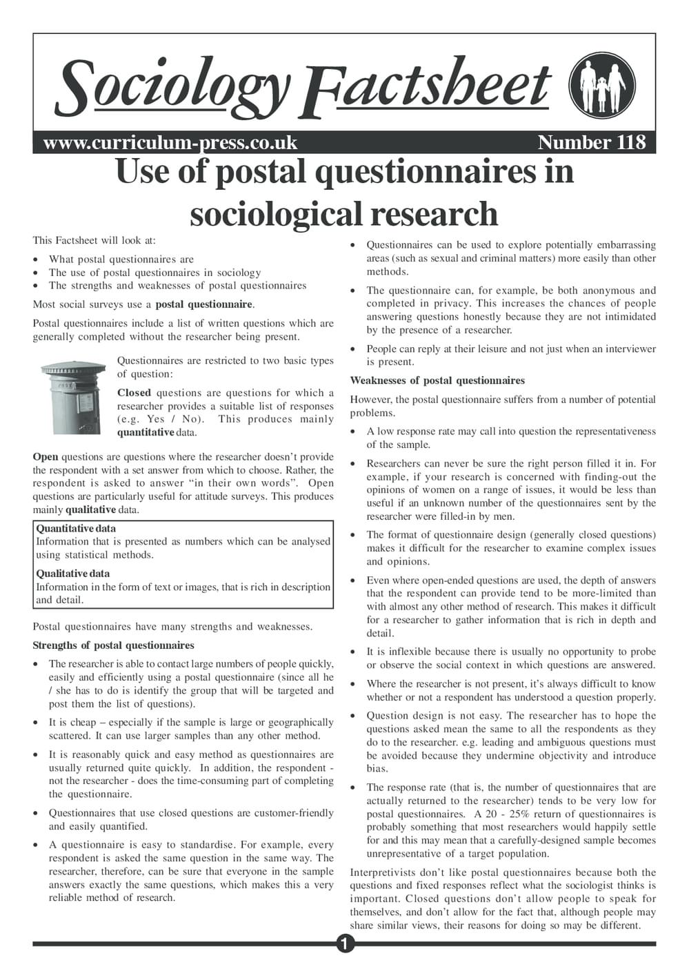 Postal Questionnaires Examples Curriculum Press - Use of Postal Questionnaires in Sociological Research
