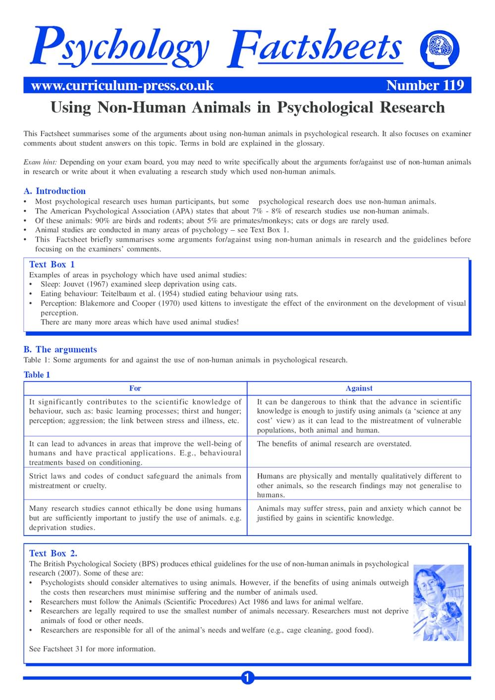 Curriculum Press - Using Non-Human Animals in Psychological Research Curriculum Press - Using Non-Human Animals in Psychological Research
