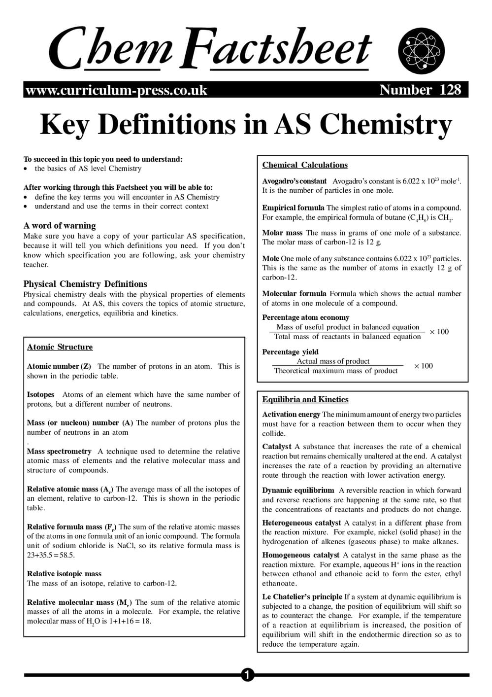 Key Definitions in AS Chemistry - Curriculum Press