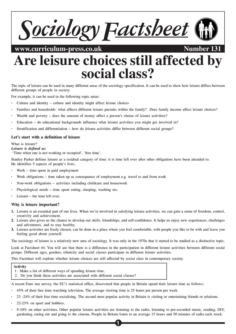 131 Are Leisure Choices Still Affected By Social Class
