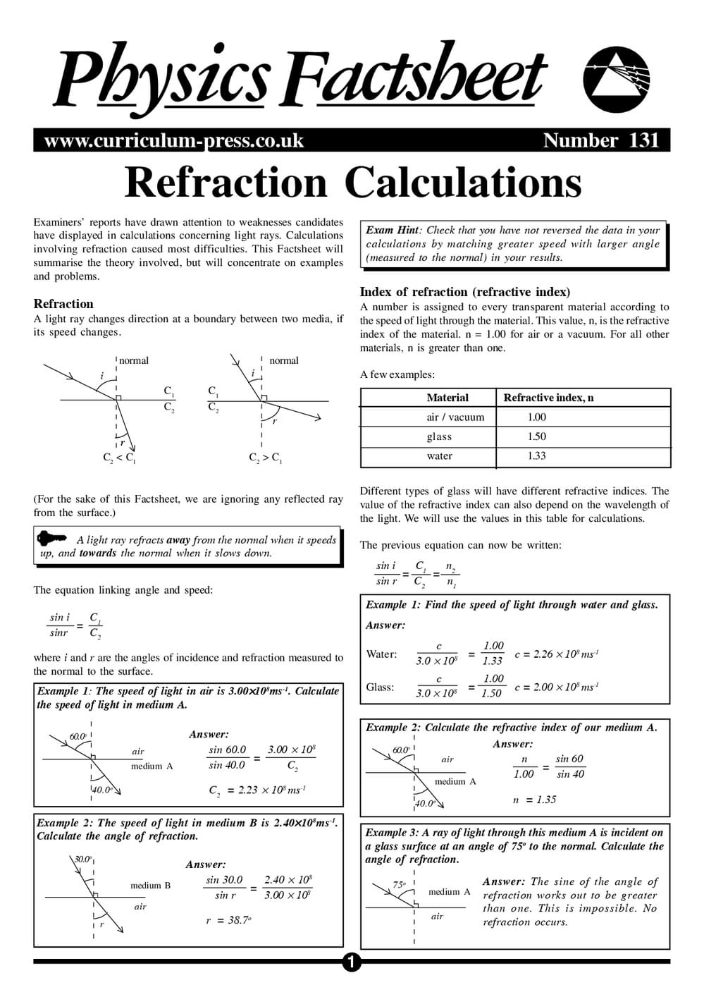 Refraction Calc Refraction Calculations - Curriculum Press