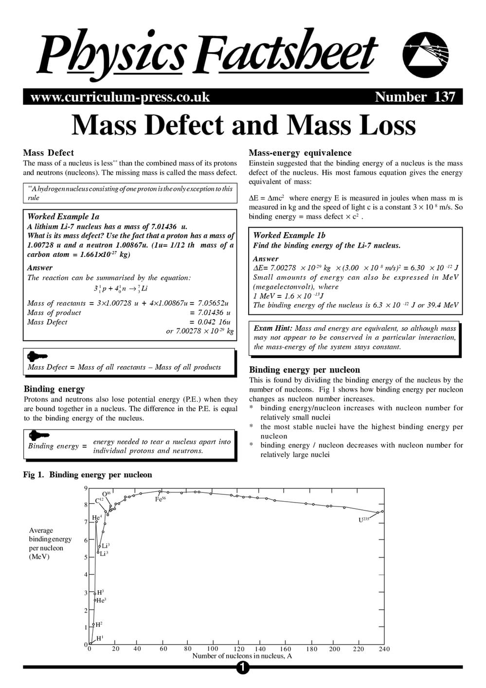Mass Defect and Mass Loss - Curriculum Press