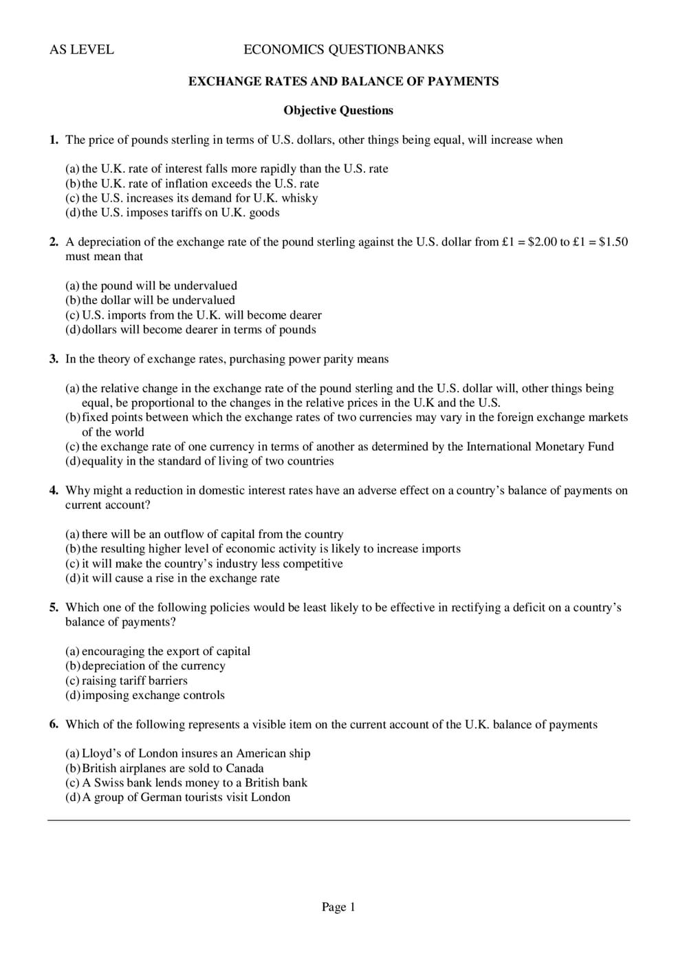 Exchange Rates and Balance of Payments Questions - A-Level Economics ...