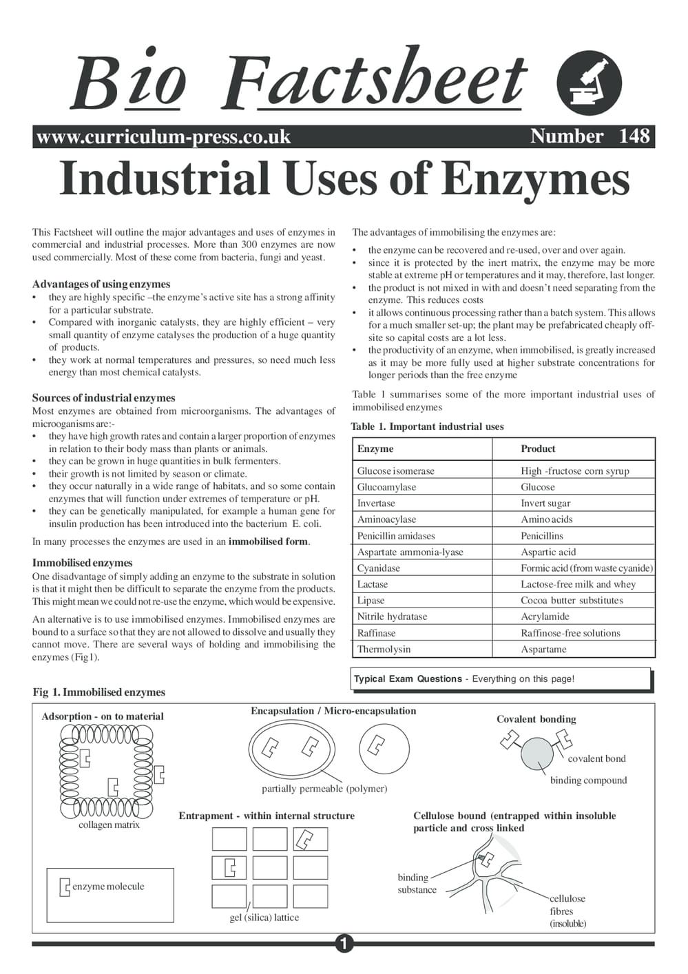 Bio Factsheet 4 Biology Factsheet: 148. Industrial Uses of Enzymes - Curriculum Press