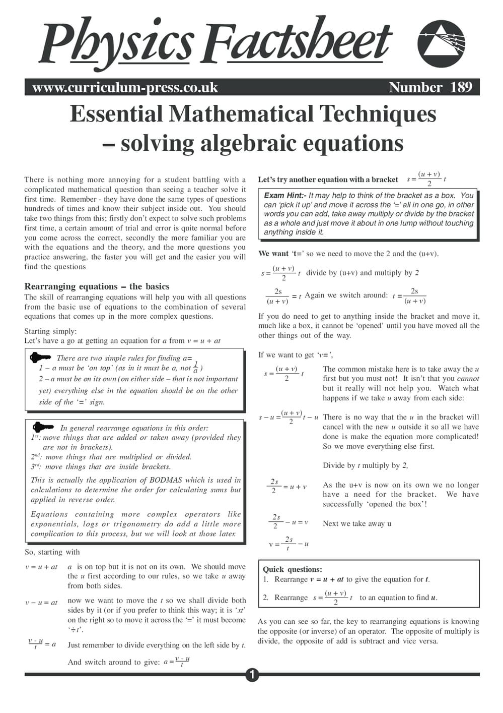 Essential Mathematical Techniques – Solving Algebraic Equations ...