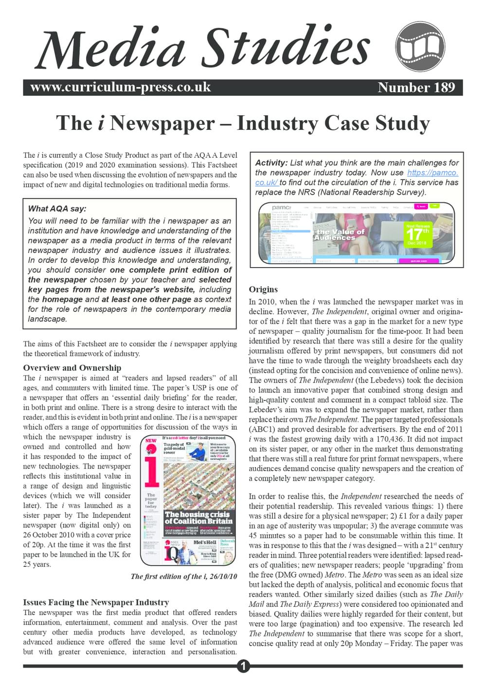 The i Newspaper – Industry Case Study - Curriculum Press
