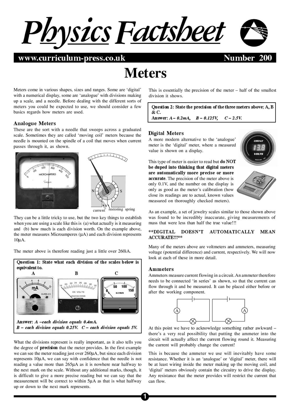 Meter Science Example Meters - Curriculum Press
