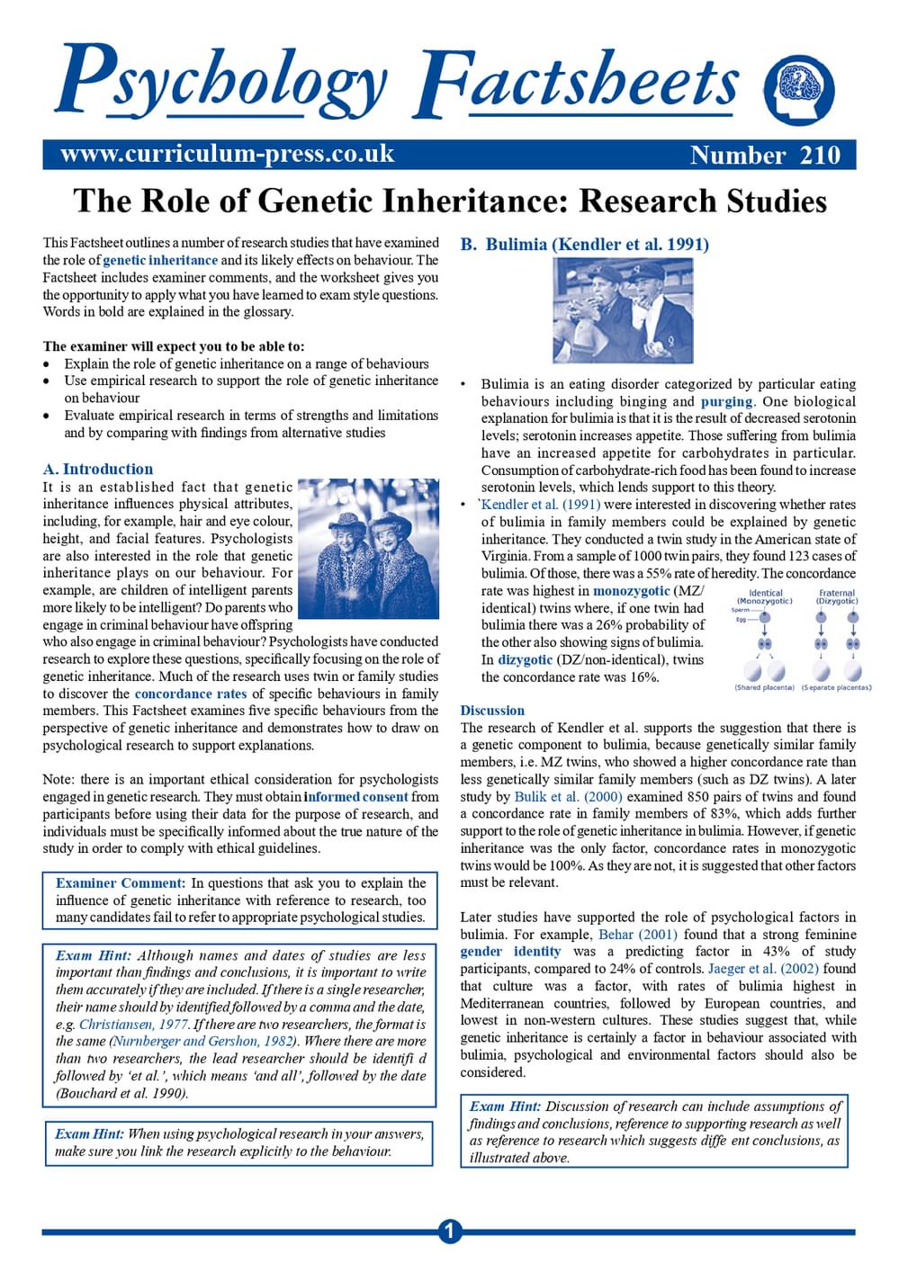 The Role of Genetic Inheritance: Research Studies - Curriculum Press