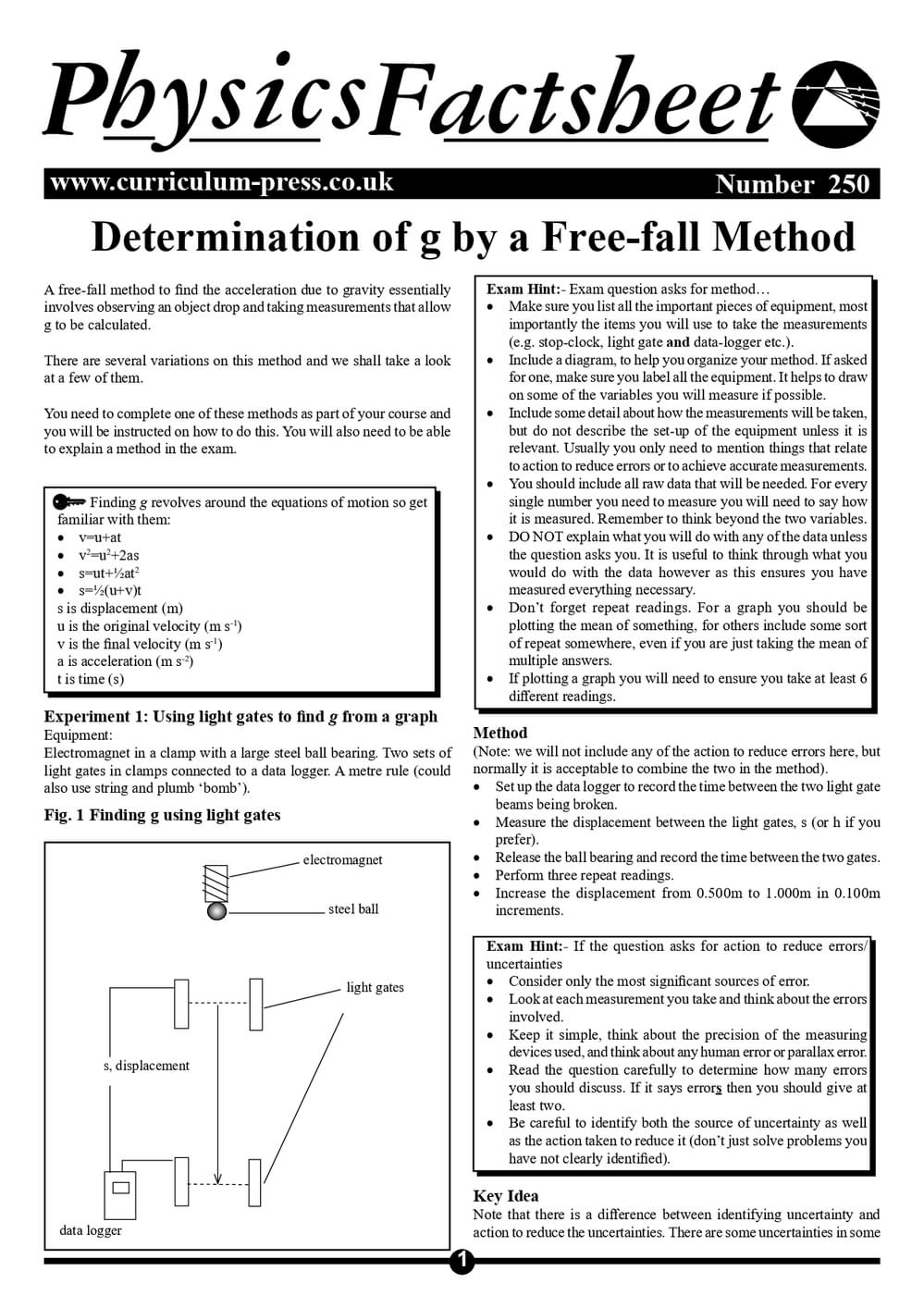Determination of G By A Free-Fall Method - Curriculum Press
