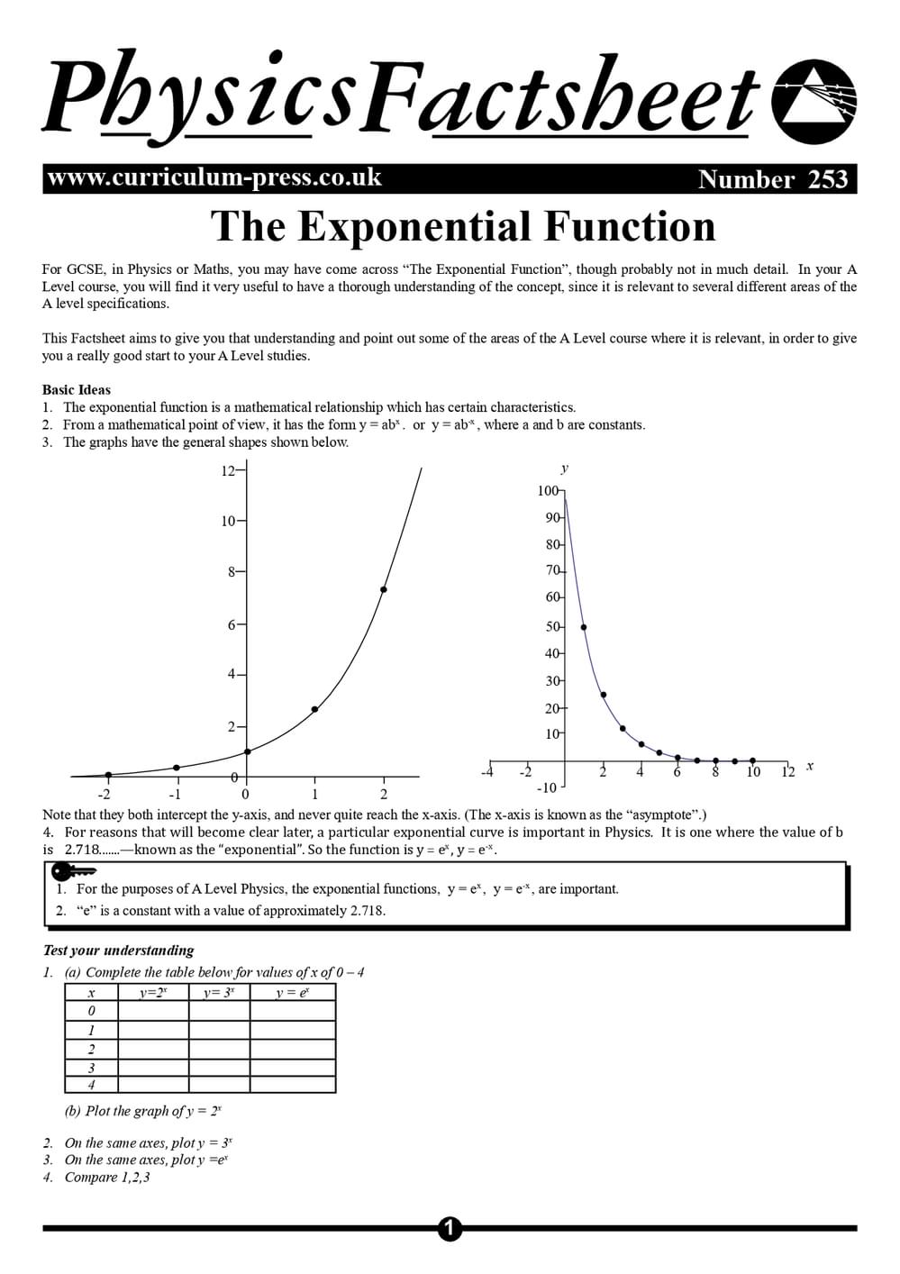 Exponential Function General Graph Examples Pdf The Exponential Function - Curriculum Press