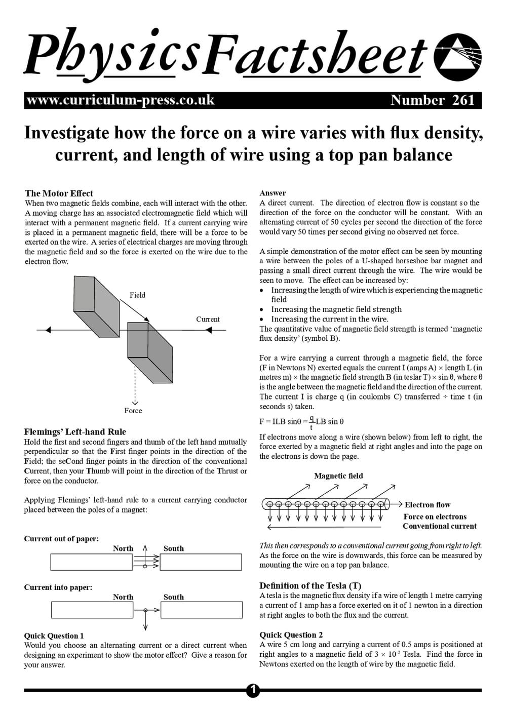 Investigate How the Force On A Wire Varies with Flux Density, Current ...