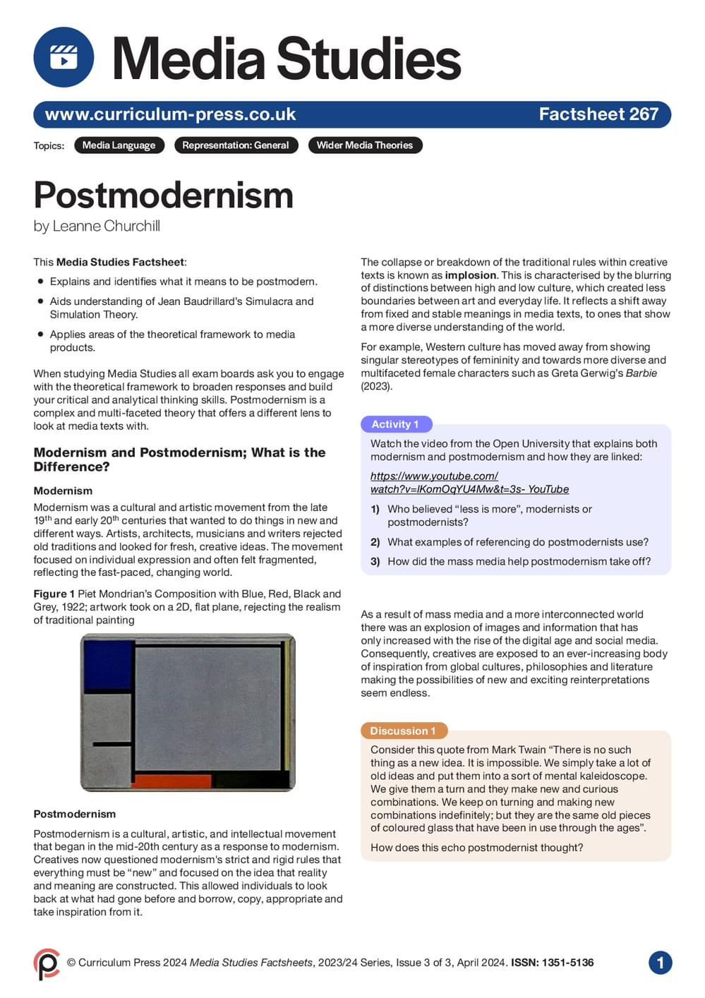 Post Modern Pdf Worksheet Postmodernism - Curriculum Press