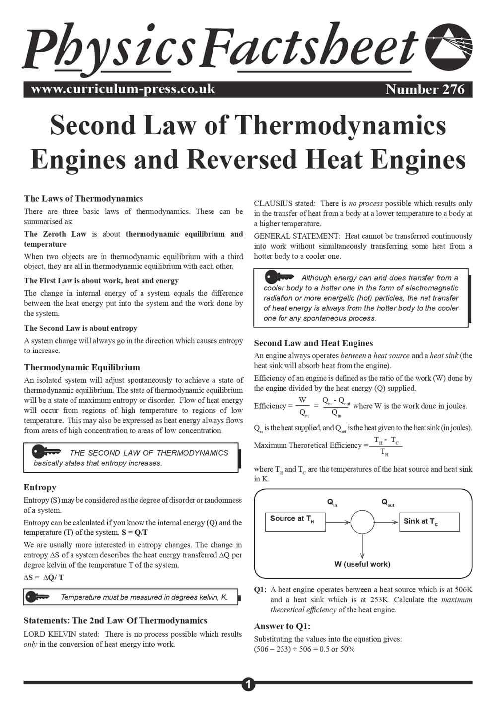 thermodynamics and heat engines download handbook:... Curriculum Press - Second Law of Thermodynamics - Engines and Reversed ...