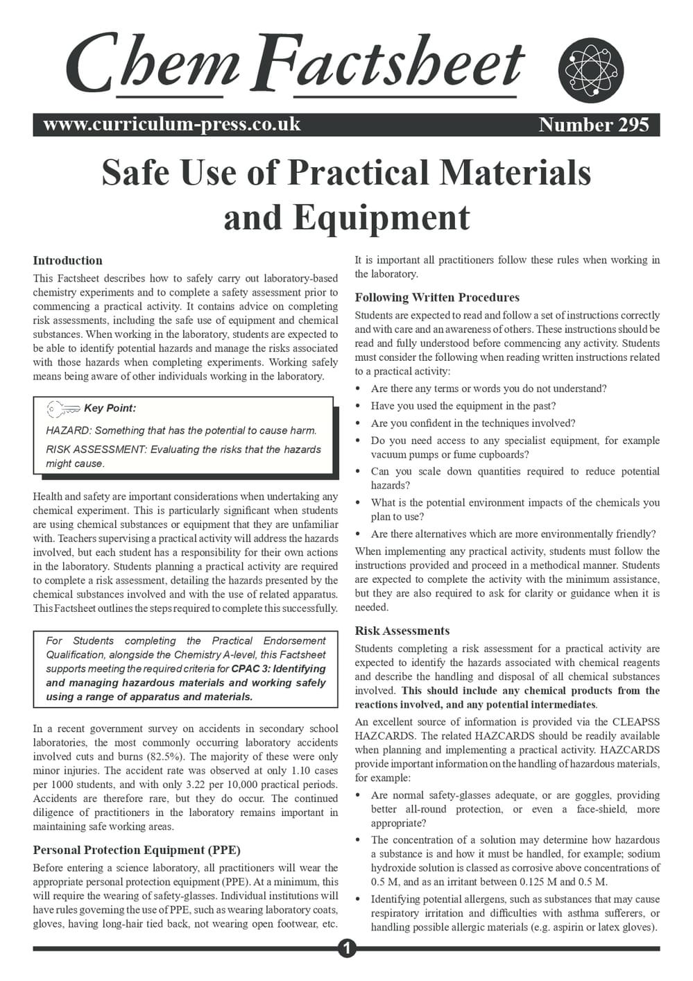 295 Safe Use Of Practical Materials And Equipment