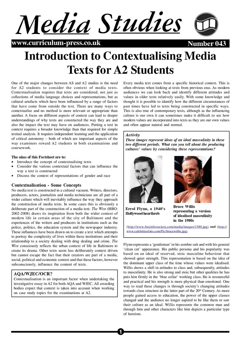 Context Media Curriculum Press - Introduction to Contextualising Media Texts for A2 ...