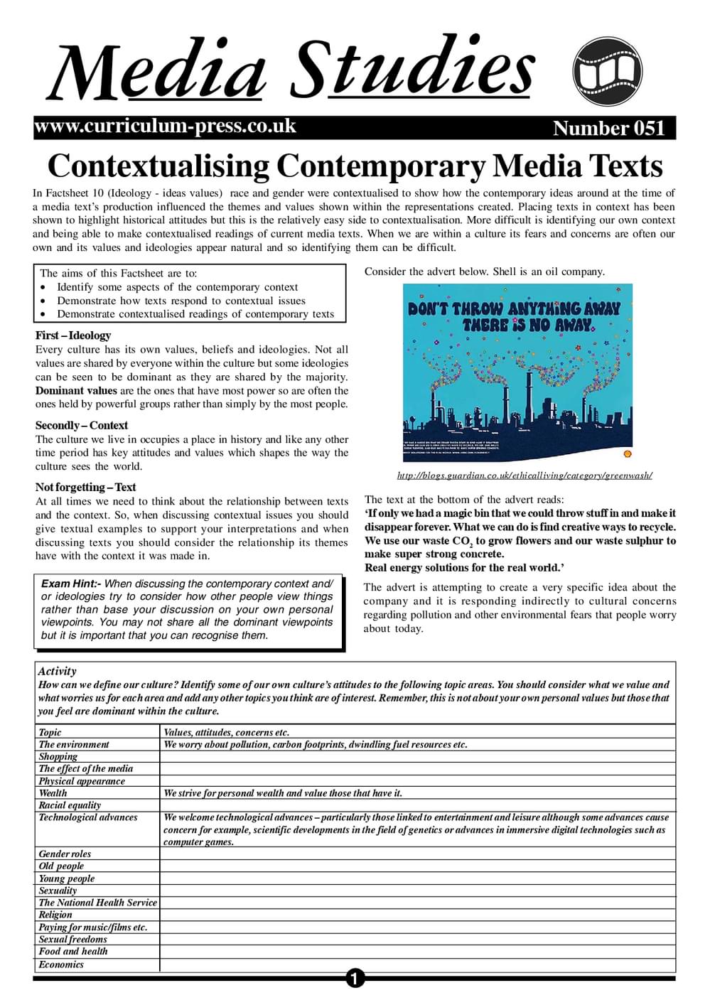 Context Media Curriculum Press - Contextualising Contemporary Media Texts