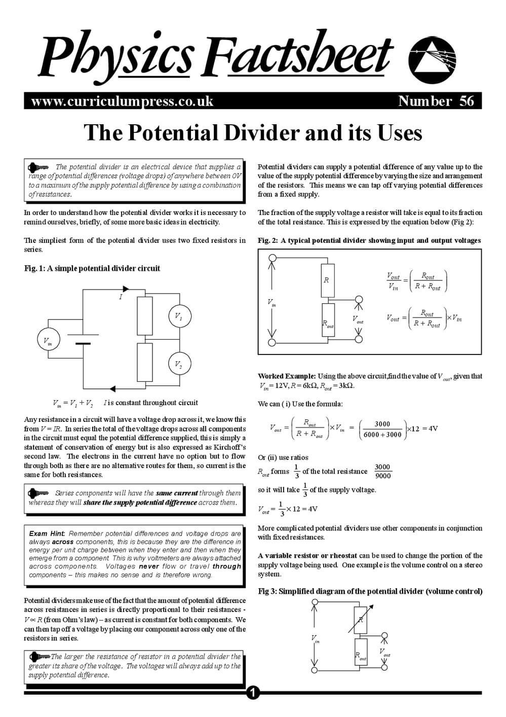 Poential Divider The Potential Divider and Its Uses - Curriculum Press