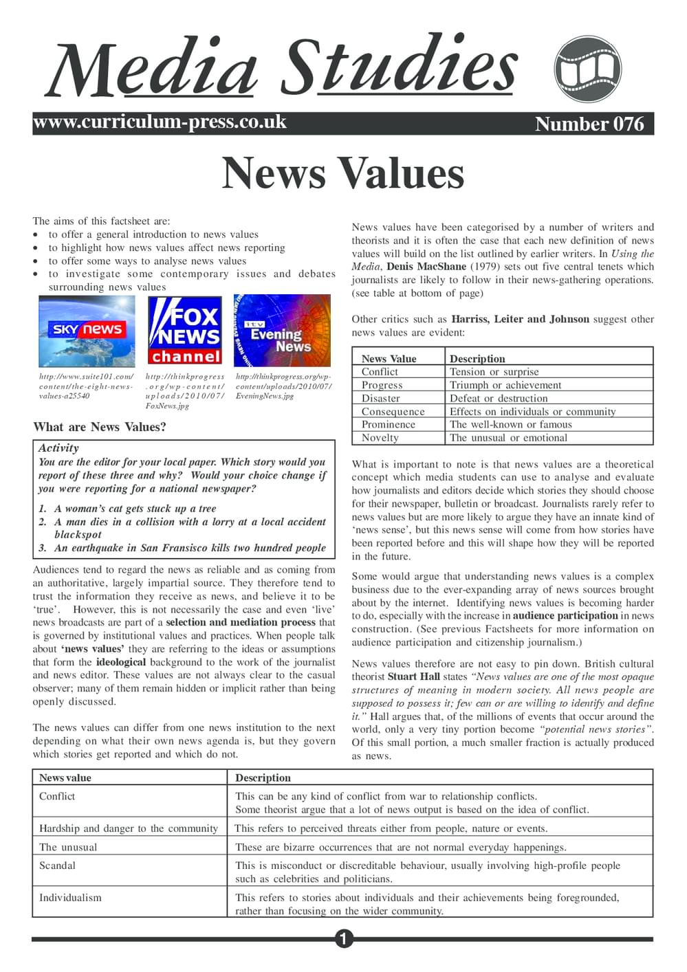 News Values Examples Curriculum Press - News Values