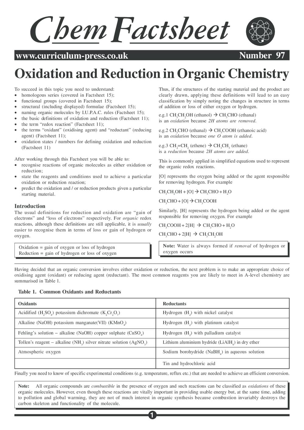 Oxidation Pdf Oxidation and Reduction in Organic Chemistry - Curriculum Press
