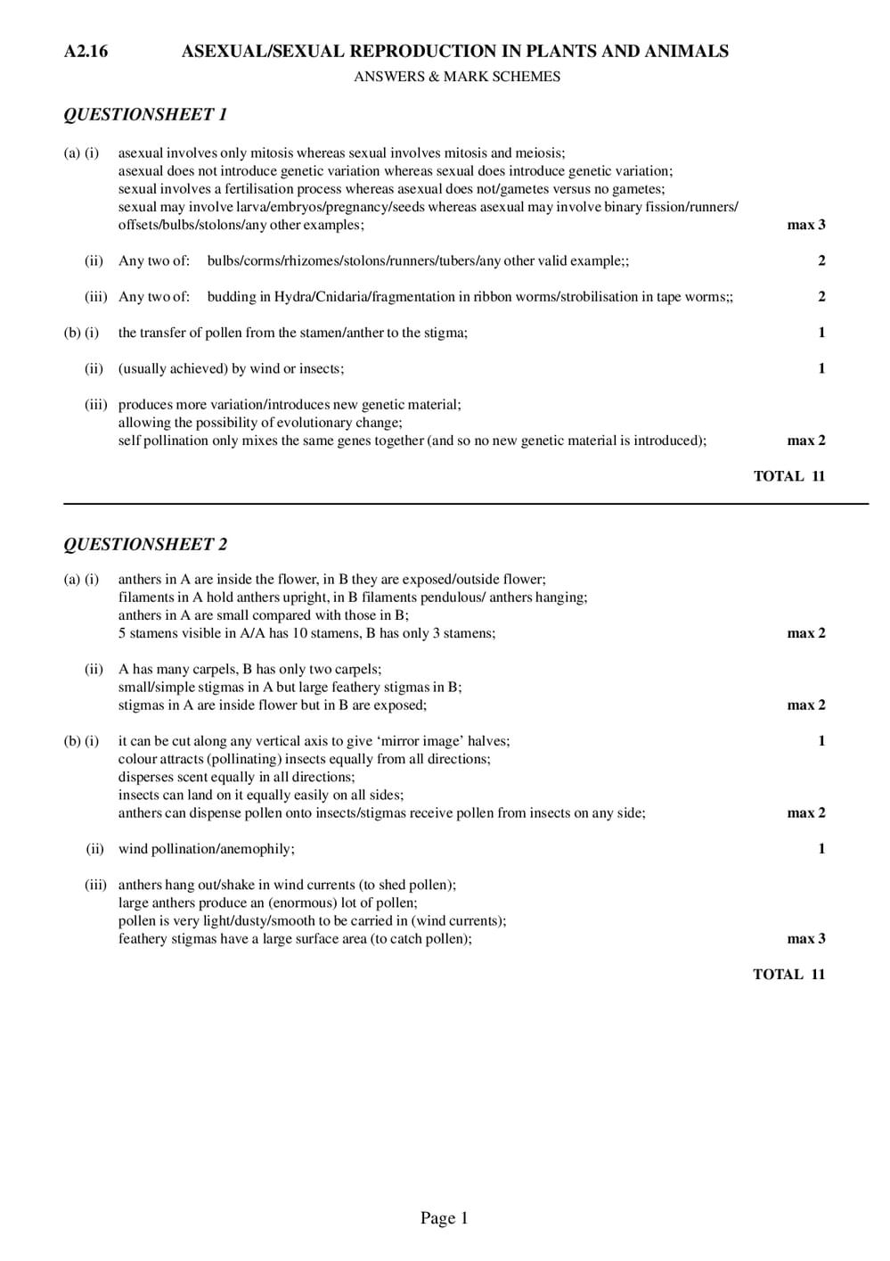 Reproduction Question Asexual Reproduction Answers - A-Level - Curriculum Press