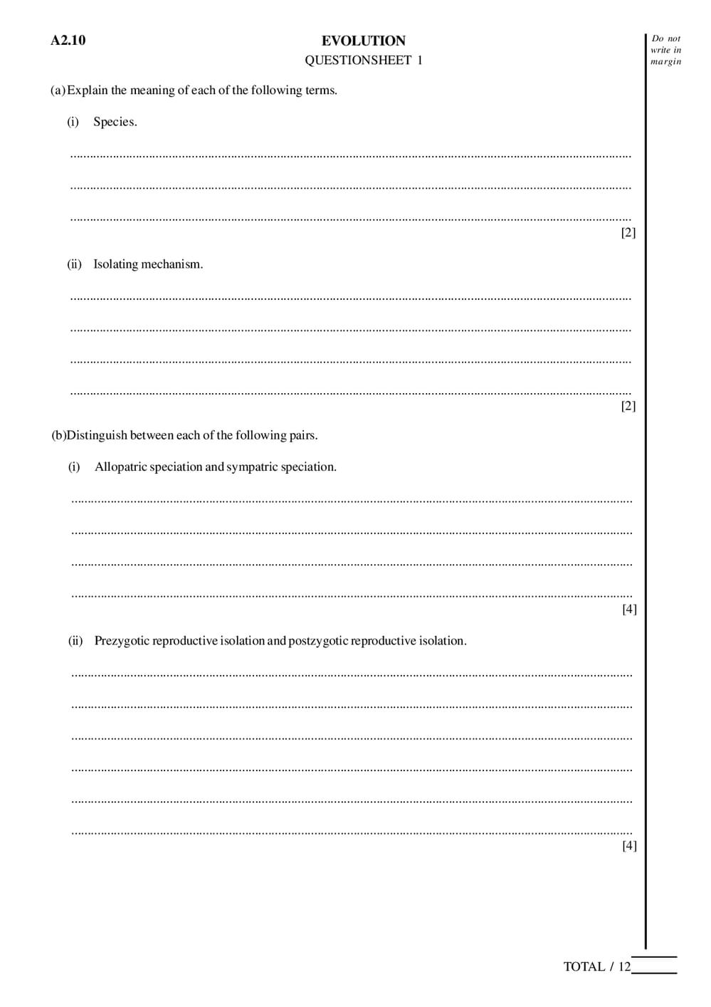 Evolution Questions - A-Level - Curriculum Press