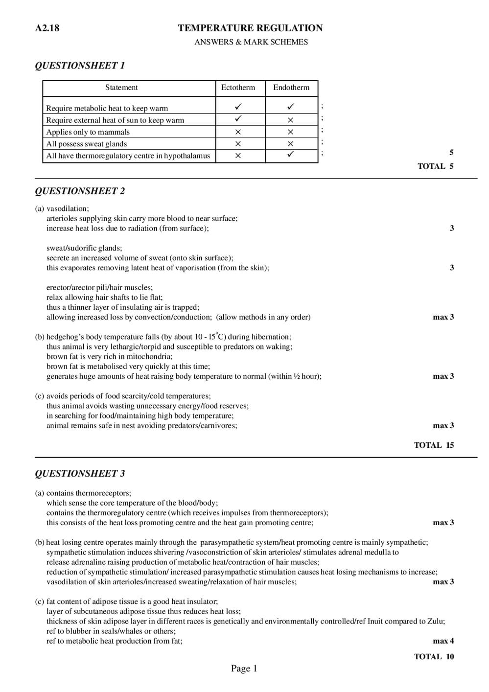 Temperature Controls Answer Key Temperature Regulation Answers - A-Level - Curriculum Press