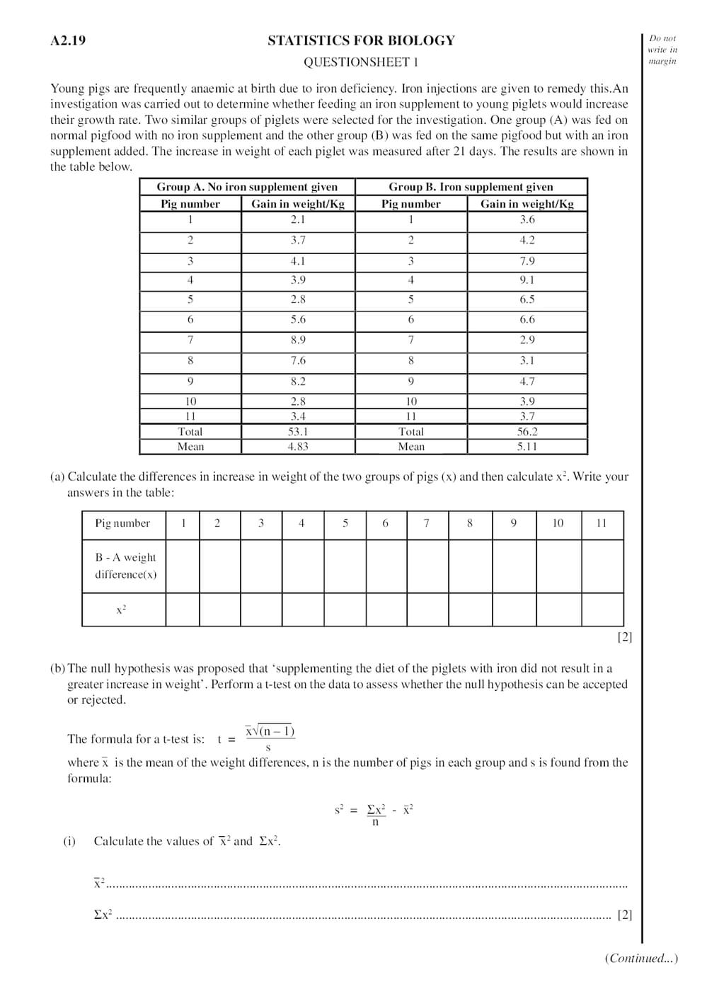 Statistics for Biology Questions - A-Level - Curriculum Press