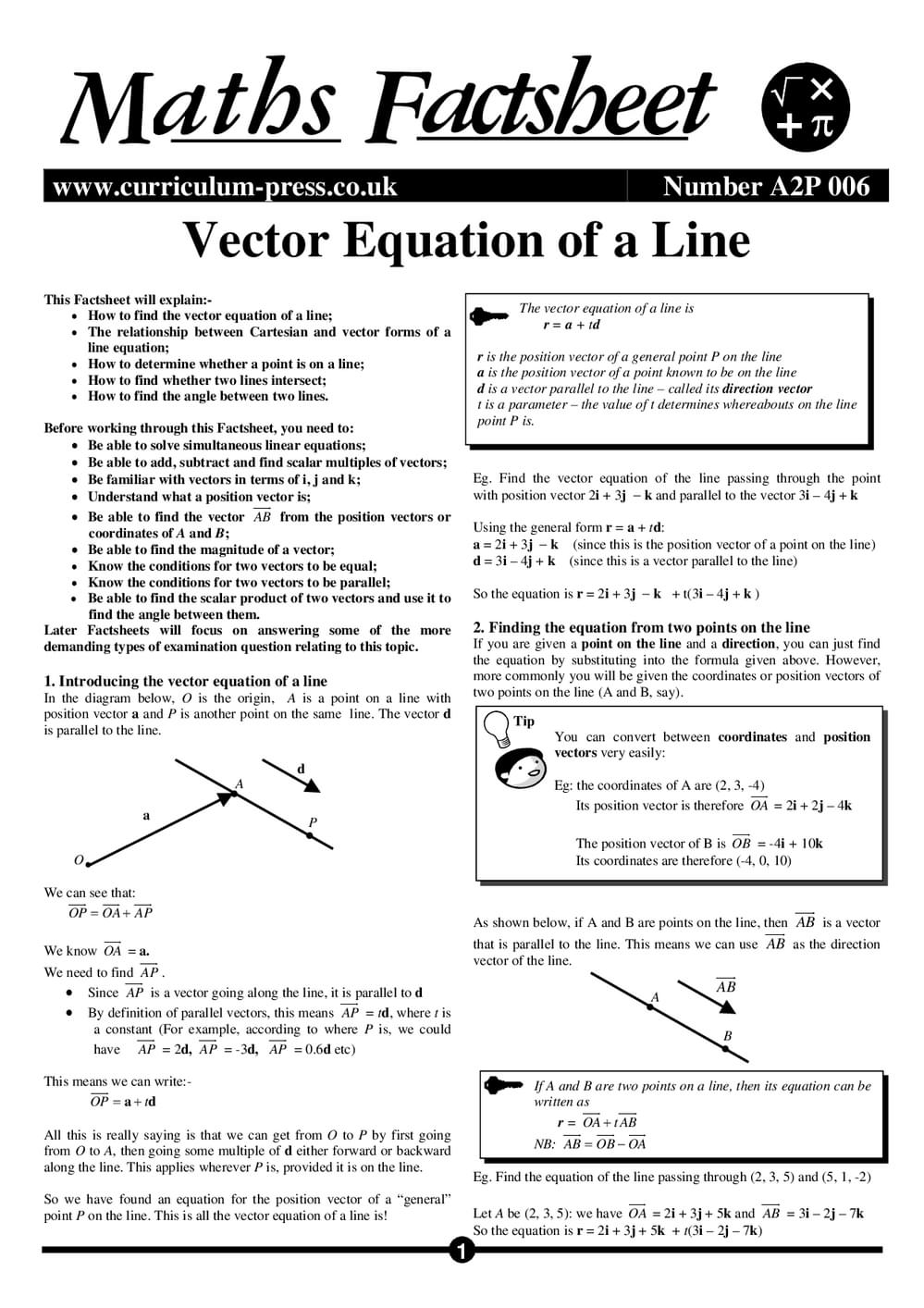 A2P 006 Vector Equation Of Line