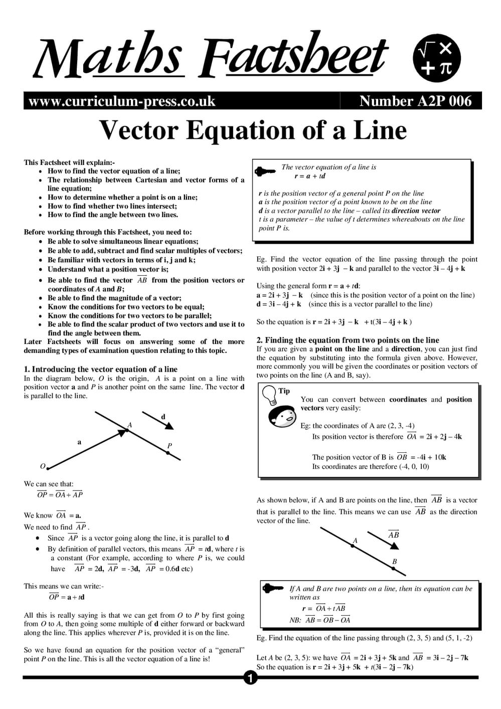 Vector Equation of a Line - A Level Maths Factsheet - Curriculum Press