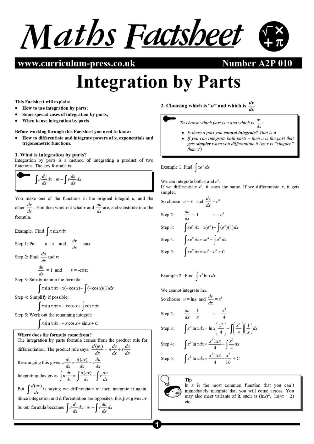 Integration by Parts - A Level Maths Factsheet - Curriculum Press