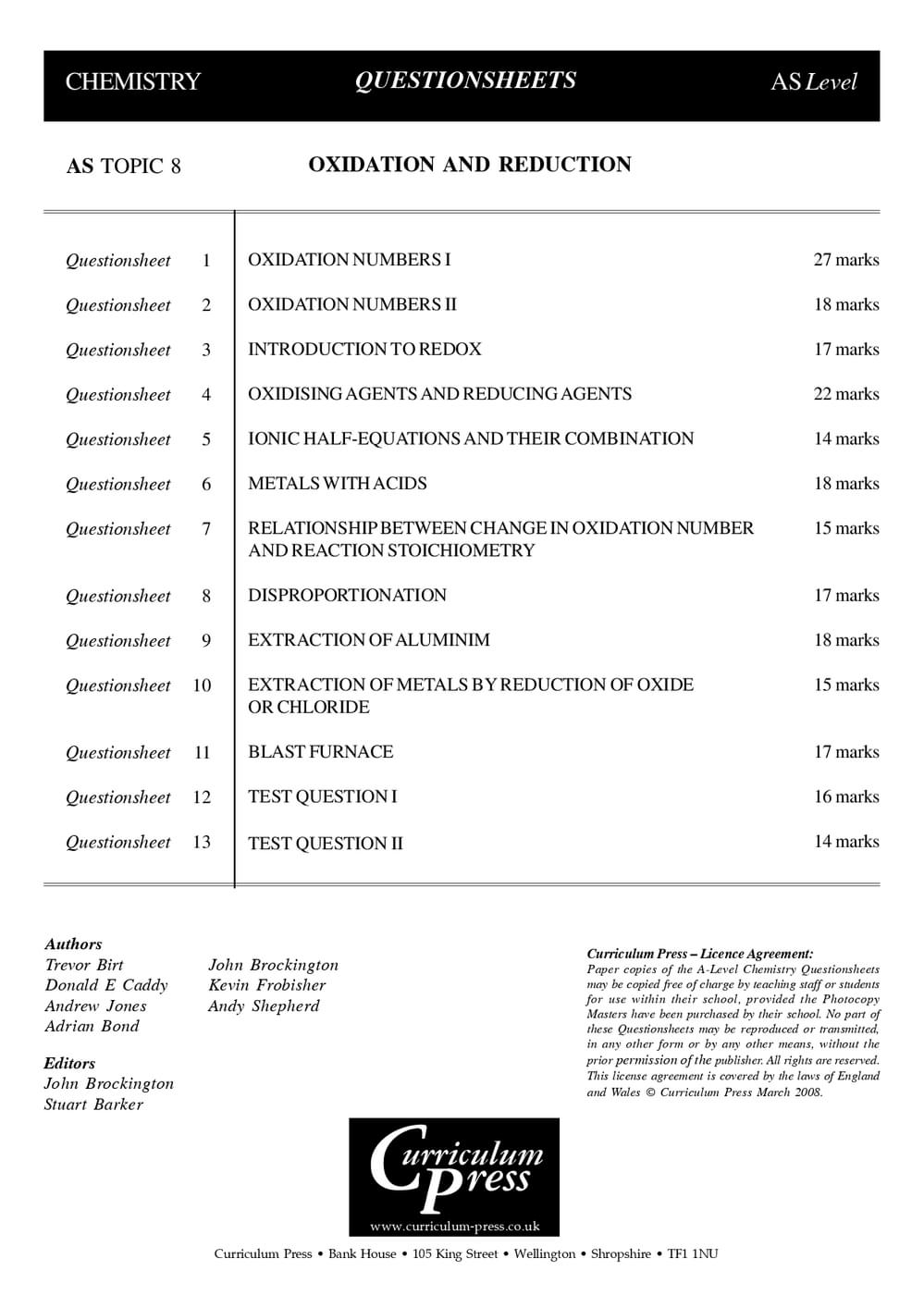 Reductive Questions Oxidation and Reduction Questions - AS - Curriculum Press