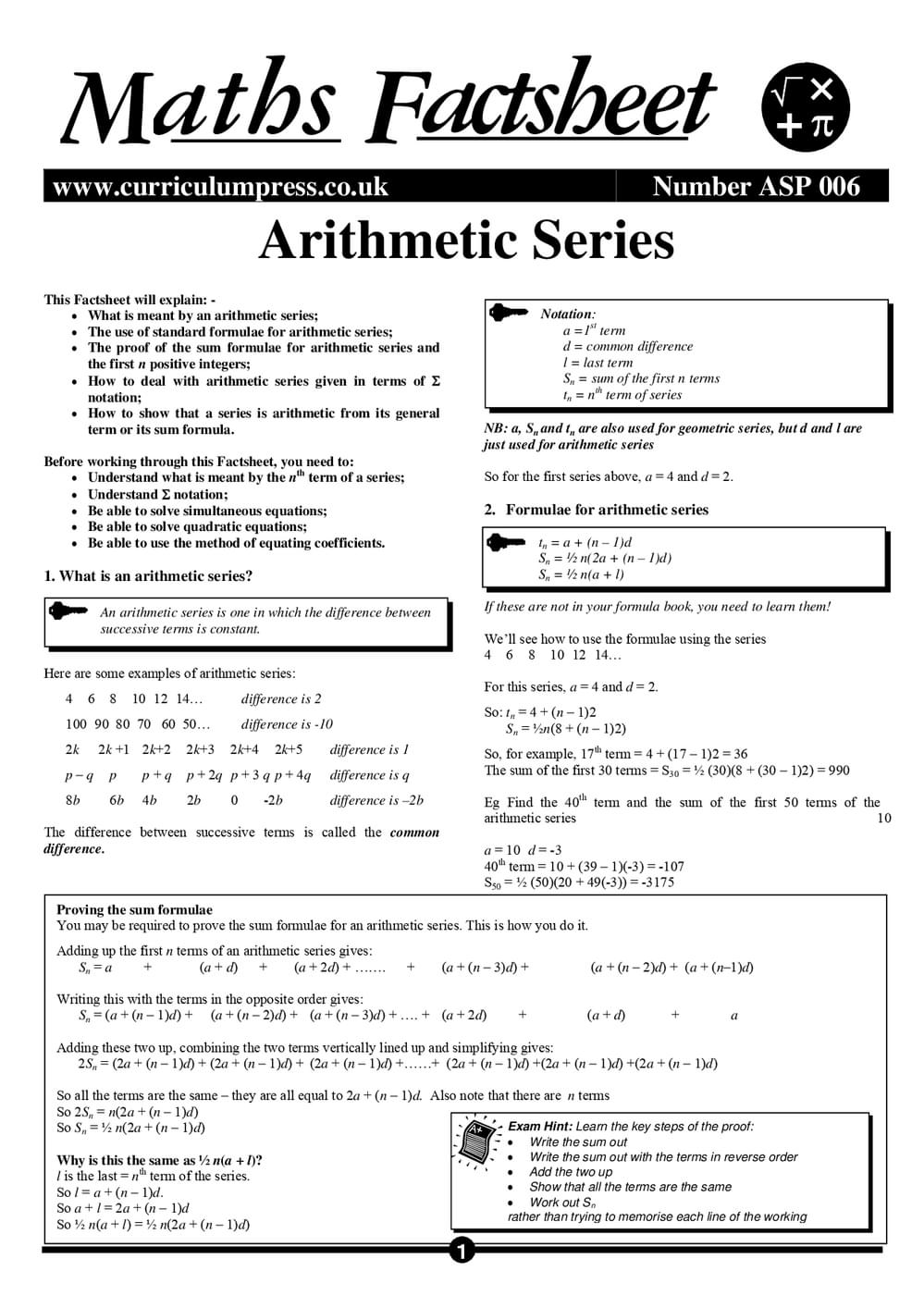 Arithmetic Series - A Level Maths Factsheet - Curriculum Press