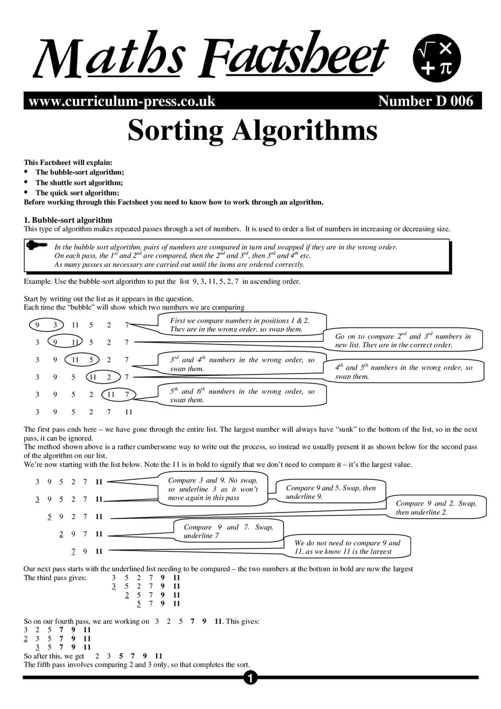 Sorting Algorithms - A Level Maths Factsheet - Curriculum Press