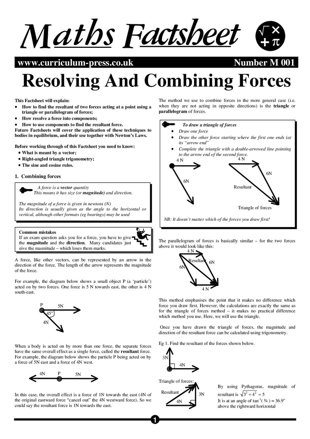 Resolving and Combining Forces - A Level Maths Factsheet - Curriculum Press