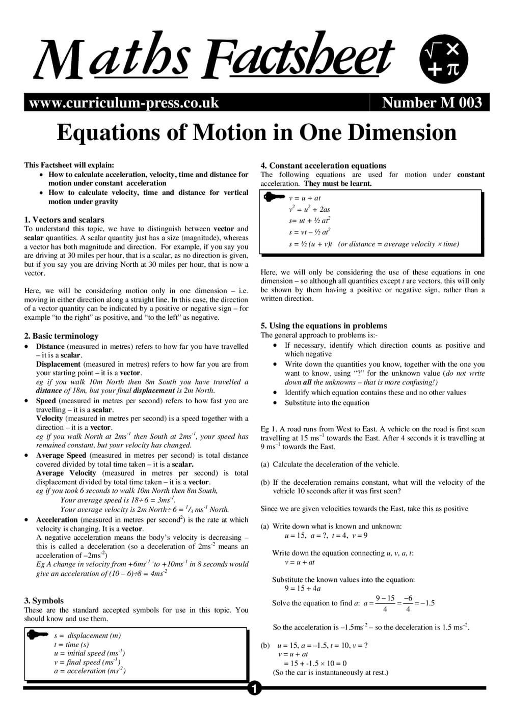 Dimension Math Equations Equations of Motion in One Dimension - A Level Maths Factsheet ...