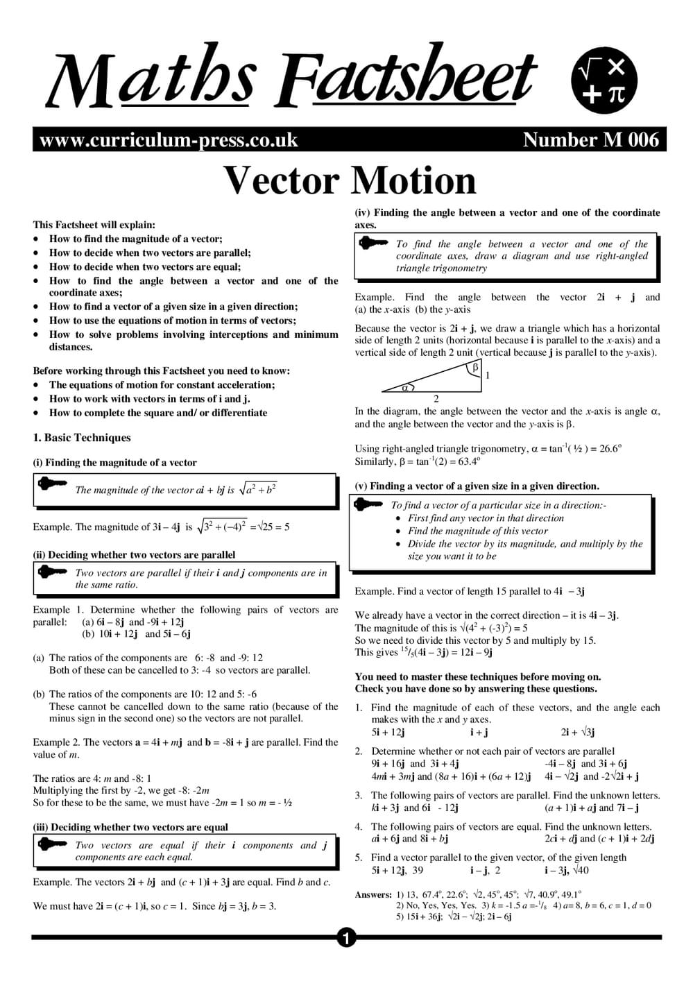 Vector Motion - A Level Maths Factsheet - Curriculum Press
