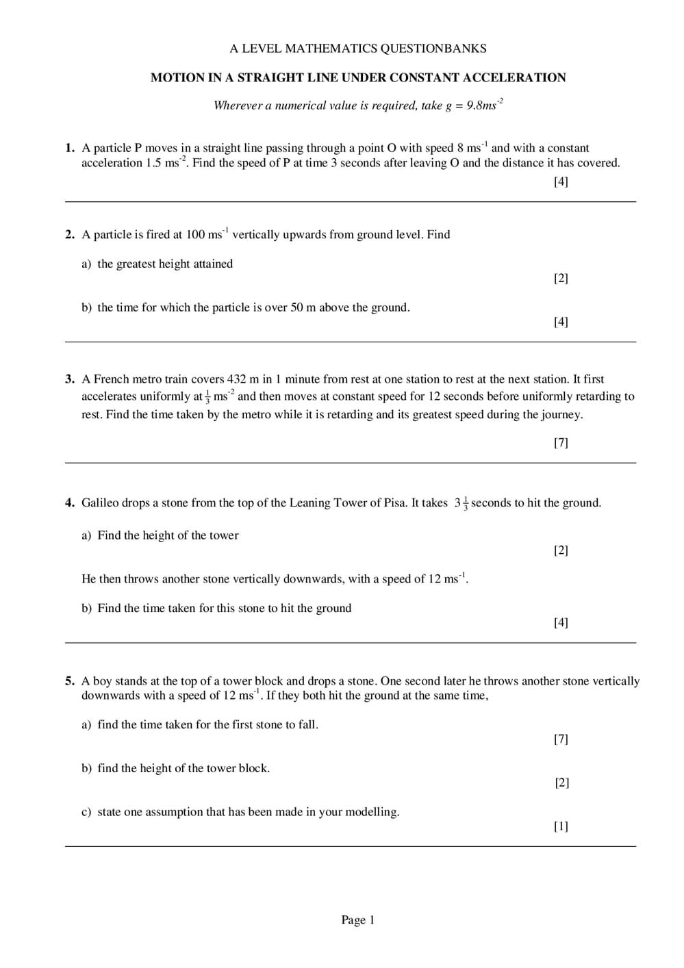 Motion in a Straight Line Under Constant Acceleration Questions – A ...