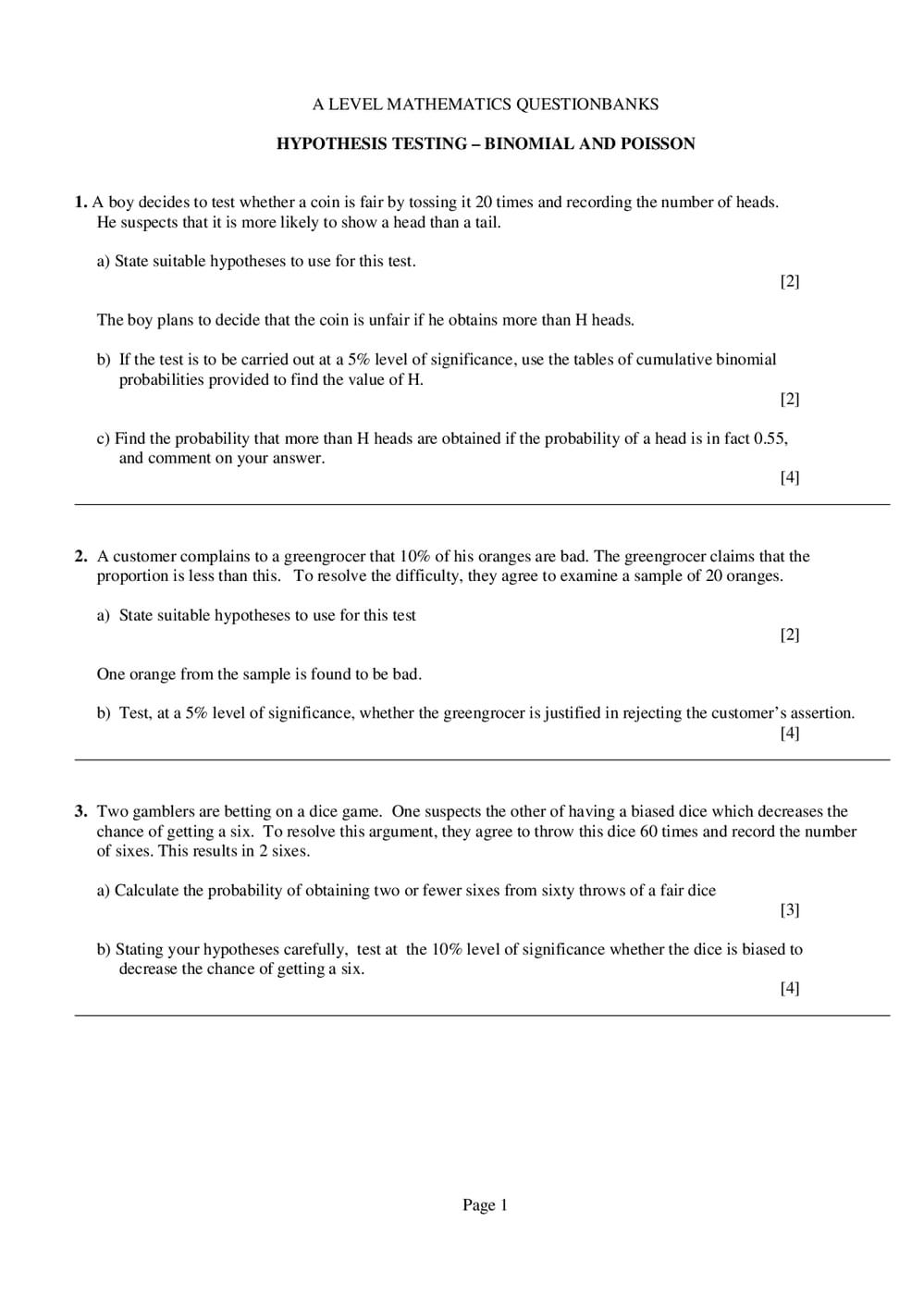 Math Hyp Questions Hypothesis Testing: Binomial and Poisson Questions – A-Level Maths ...