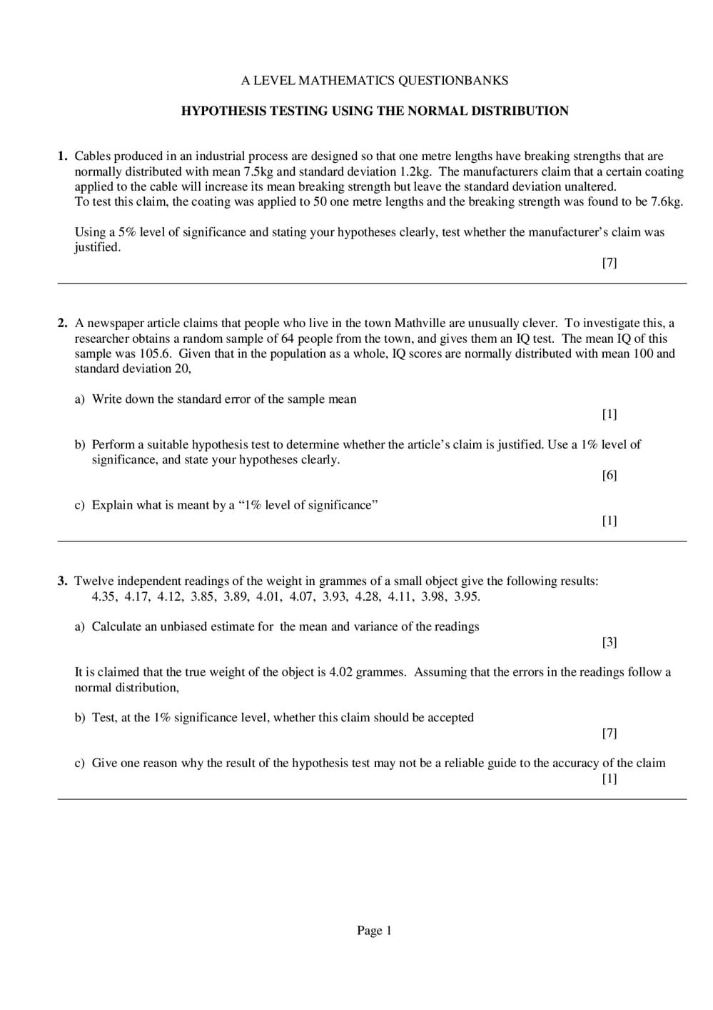 Math Hyp Questions Hypothesis Testing: Using the Normal Distribution Questions – A-Level ...