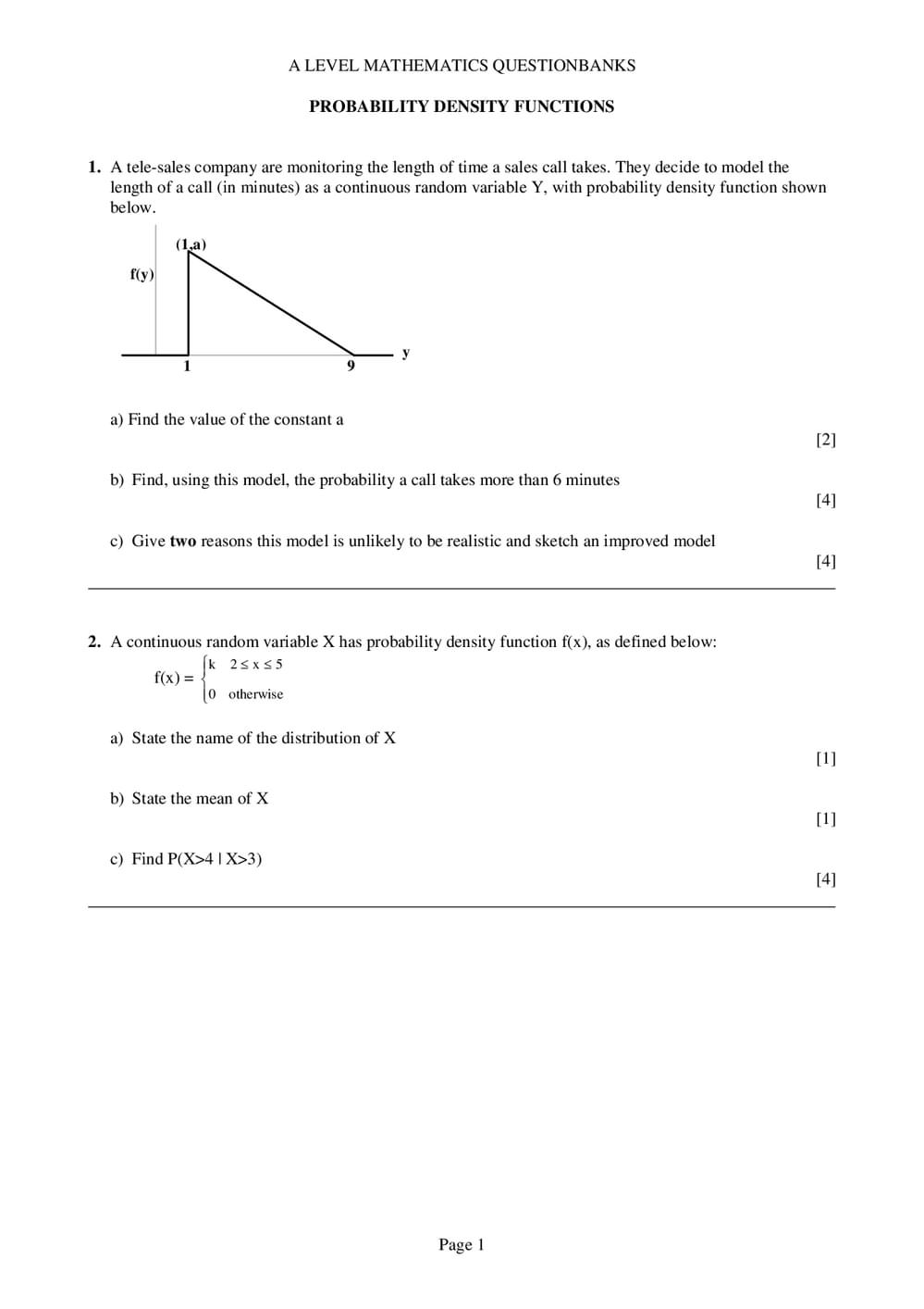 Probability Density Functions Questions – A-Level Maths - Curriculum Press