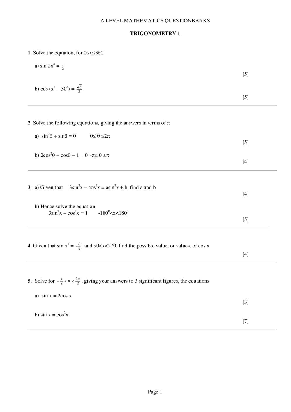 Trigo Question Trigonometry 1 Questions – A-Level Maths - Curriculum Press