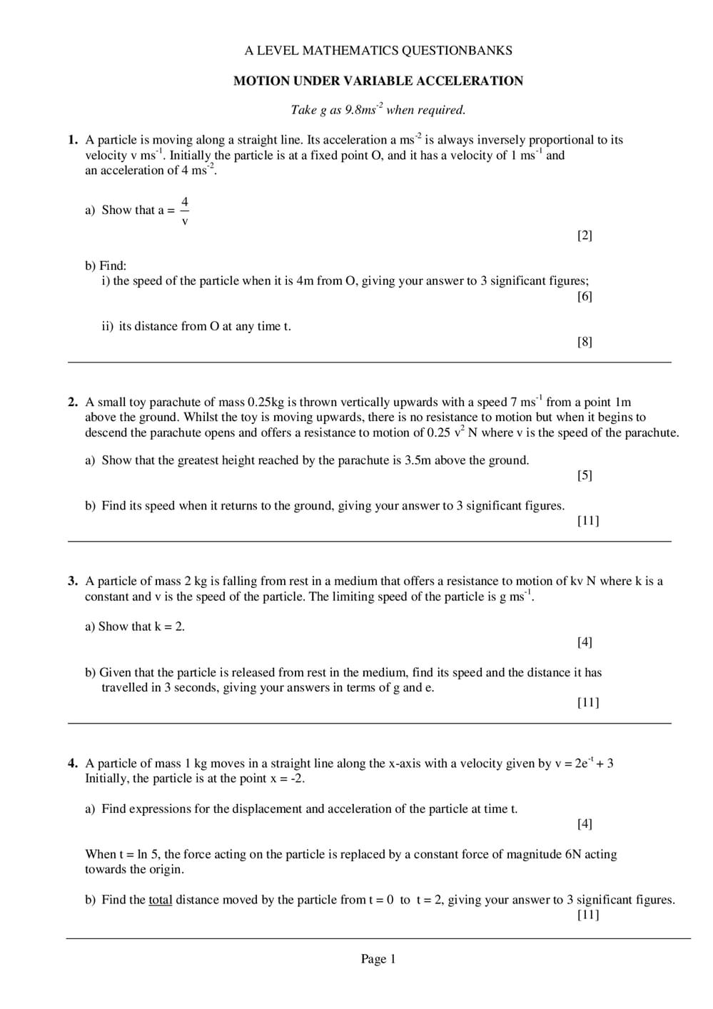 Motion Under Variable Acceleration Questions – A-Level Maths ...