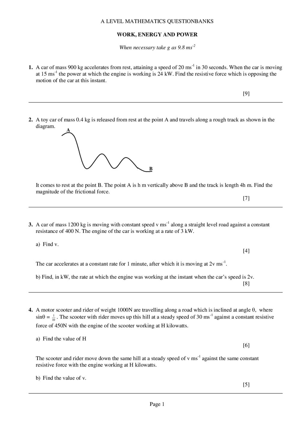 Power Questions Math Questions And Answers Work, Energy and Power Questions – A-Level Maths - Curriculum Press