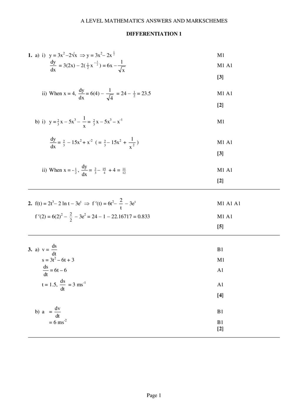 Differentiation 1 Answers – A-Level Maths - Curriculum Press