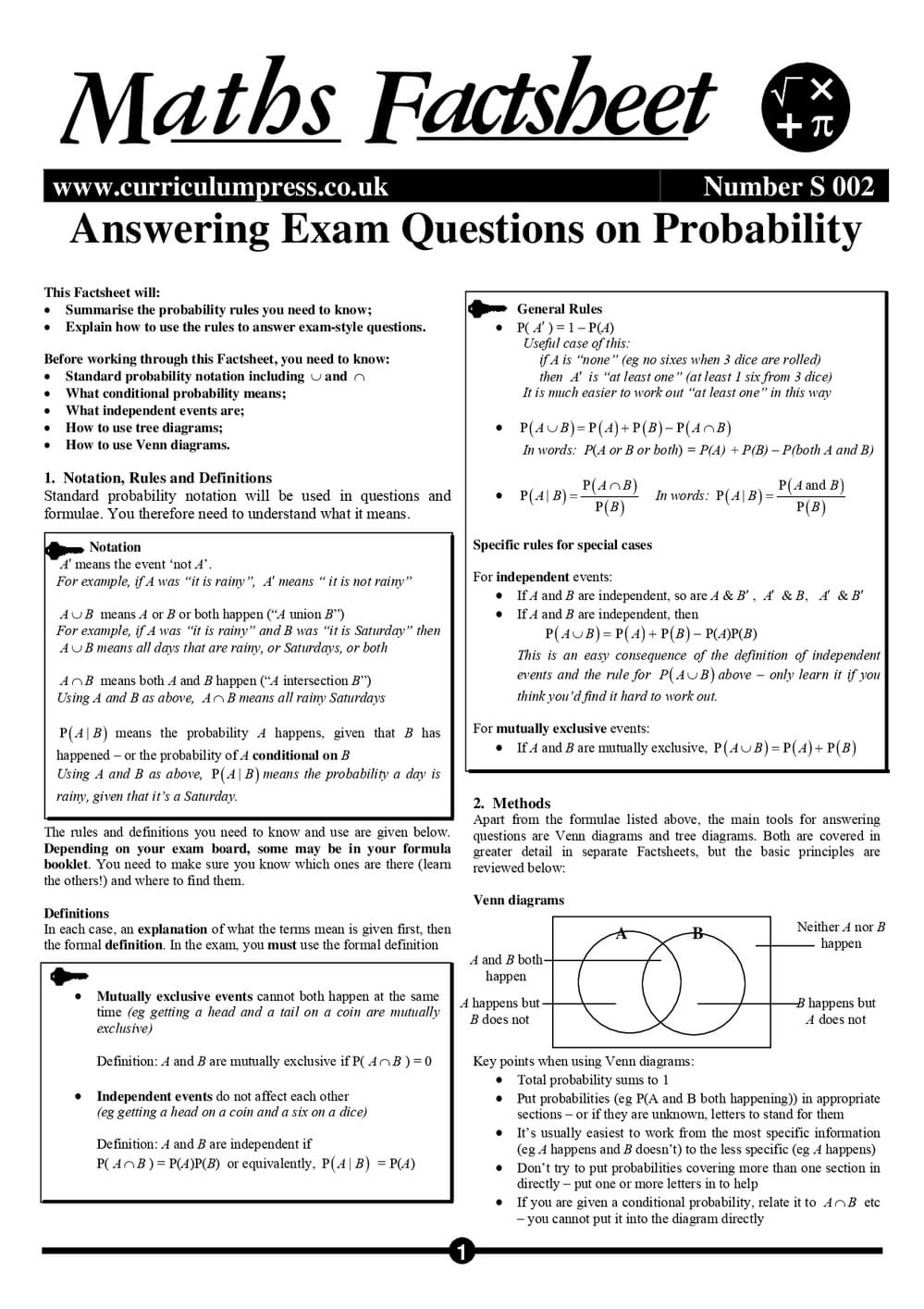 Answering Exam Questions on Probability - A Level Maths Factsheet ...