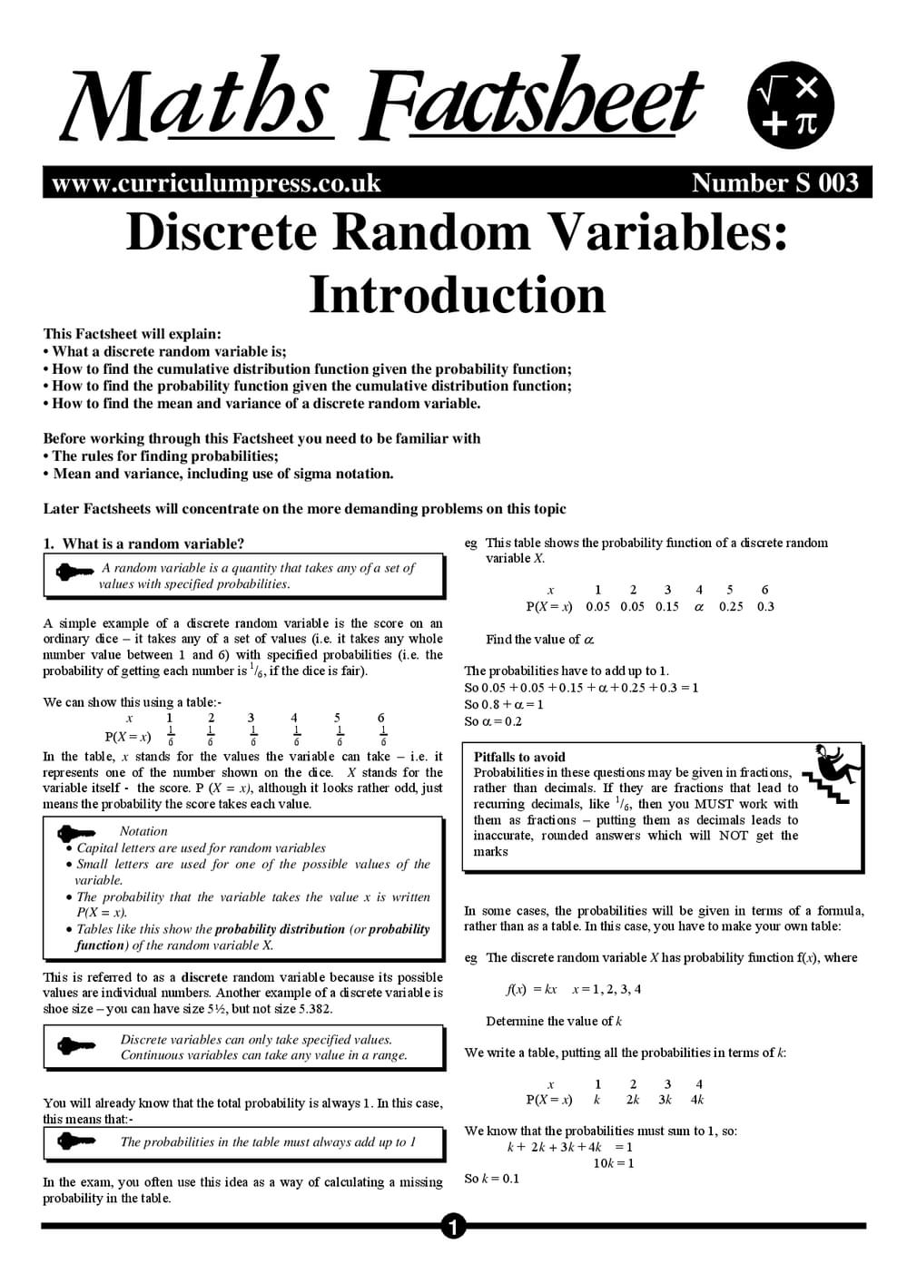 Discrete Random Variables: Introduction - A Level Maths Factsheet ...